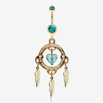 Golden Heart Hoop Dream Catcher Belly Ring-Teal